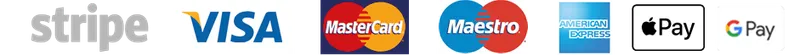 Stripe, Visa, Mastercard, Maestro, AMEX, Apple Pay, Google Pay fizetési módok