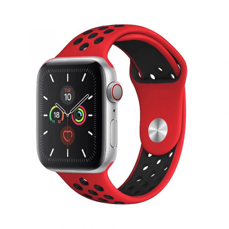 apple watch okosórához való sport szilikon szíj piros fekete színben. megfelelő 38mm 40mm 42mm 44mm es iwatch órához. állítható méretű apple watch szilikon szíj. S/M és M/L méretben elérhető iwatch szíj. Apple Watch series 1 2 3 4 5 6 SE hez megfelelő óraszíj